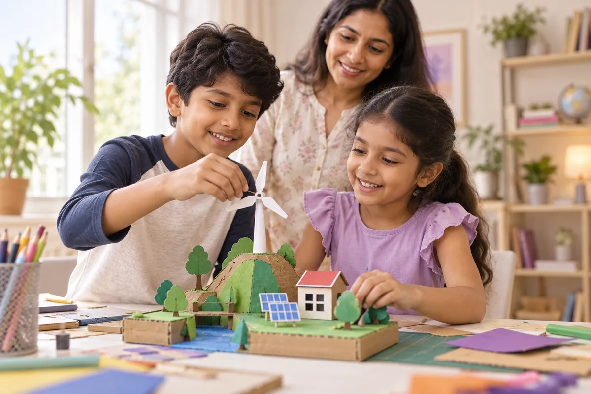 Illustration of children building a science model with adult support