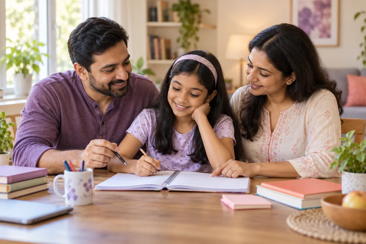 Illustration of parents planning a study routine with their child