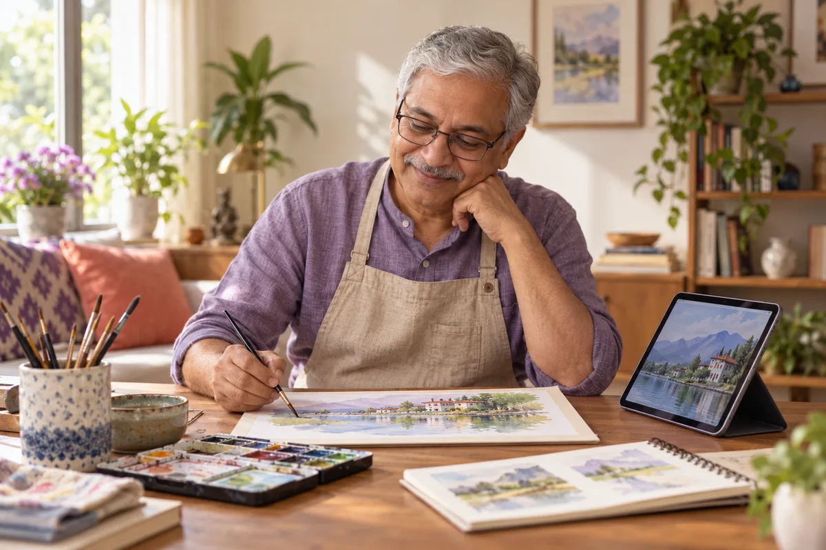Illustration of a retired professional exploring watercolor painting