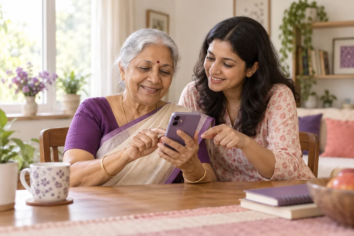 Illustration of an older learner practising smartphone skills with a companion