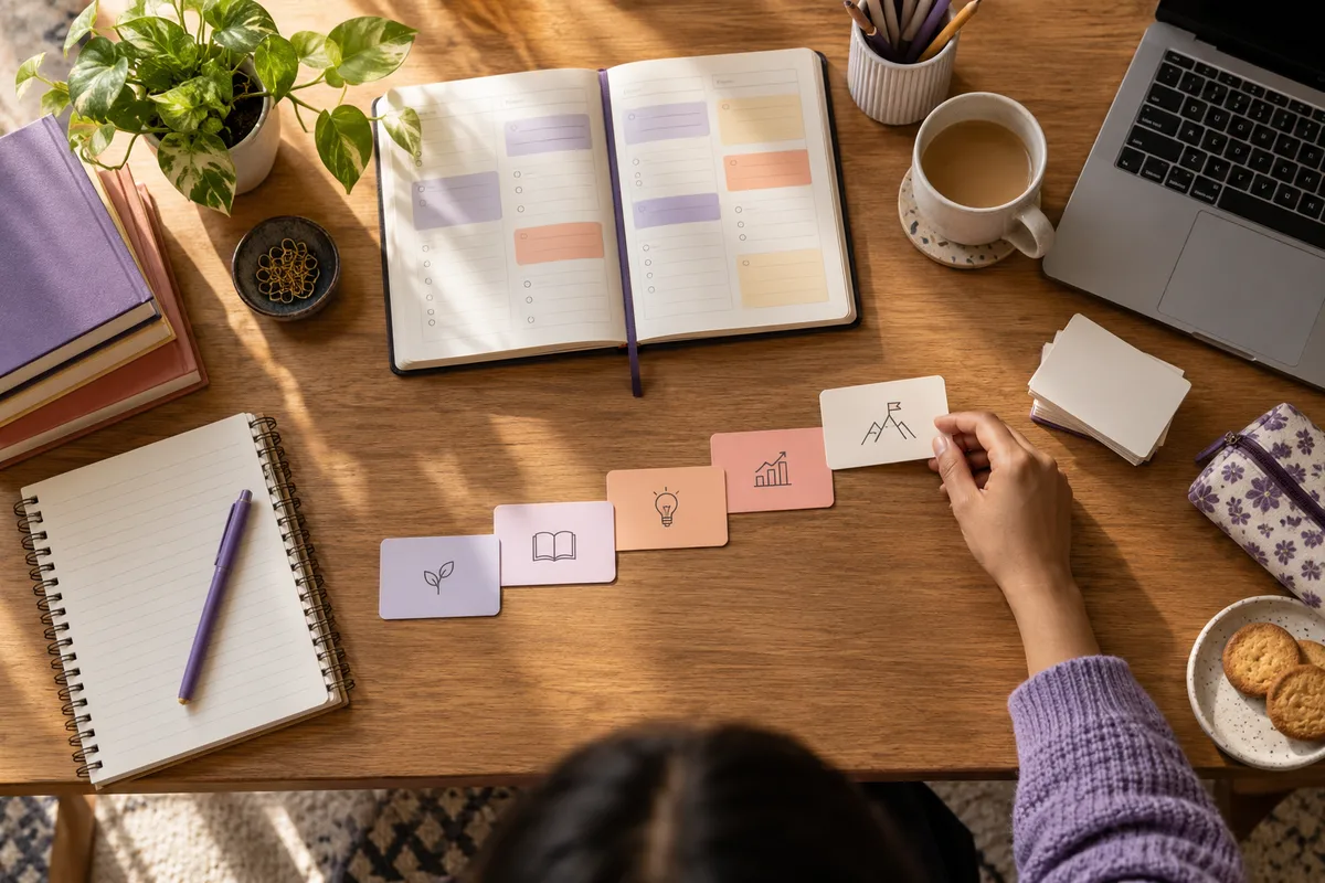Illustrative study desk with a planner, books and cards arranged into learning steps