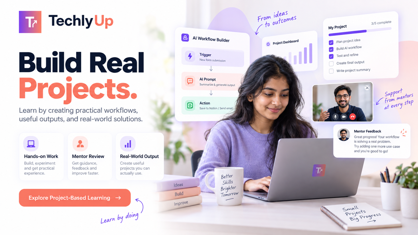 Build Real Projects banner showing an AI workflow builder, a project dashboard, and mentor feedback on a real project.