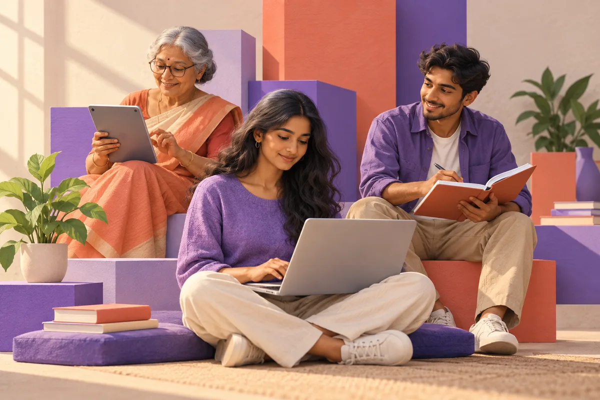 Illustration of people learning together with digital tools