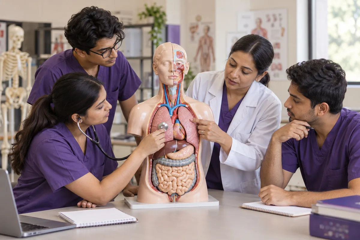 Illustrative healthcare students learning with an anatomical model in a simulation classroom