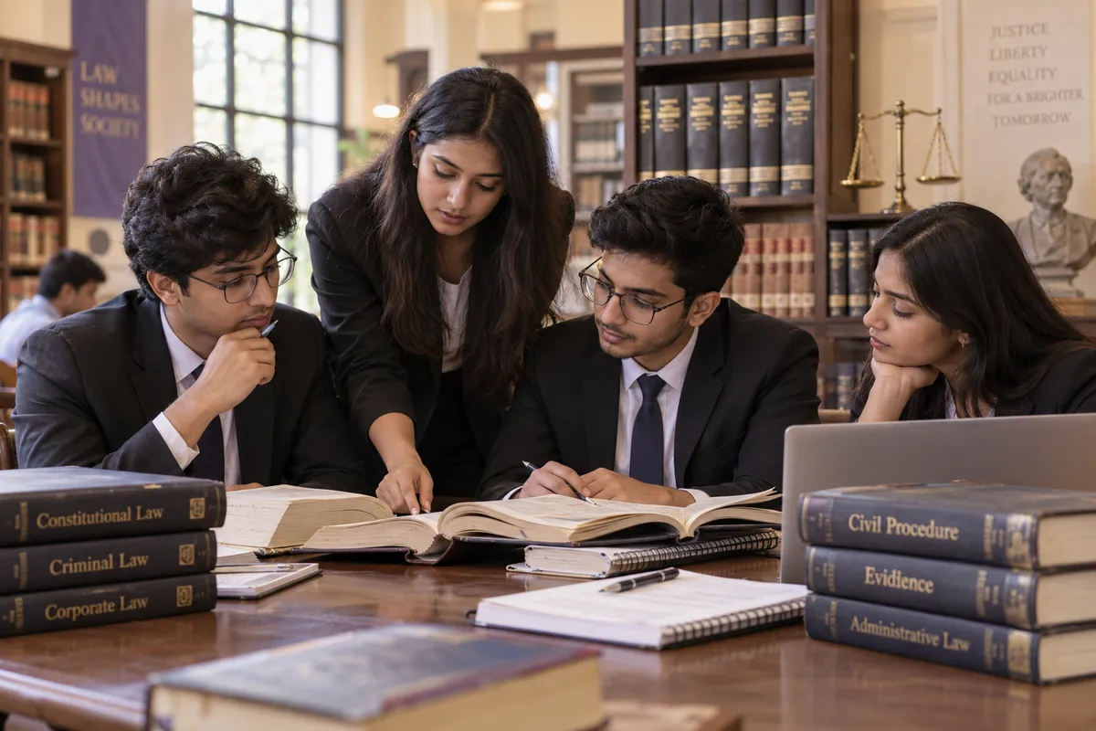 Illustrative law students researching case books in a university library