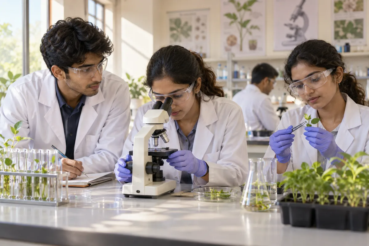 Illustrative science students examining a microscope and plant samples in a teaching laboratory
