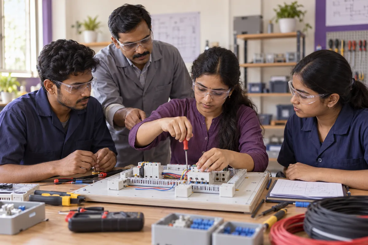 Illustrative vocational students practicing electrical assembly on a training board