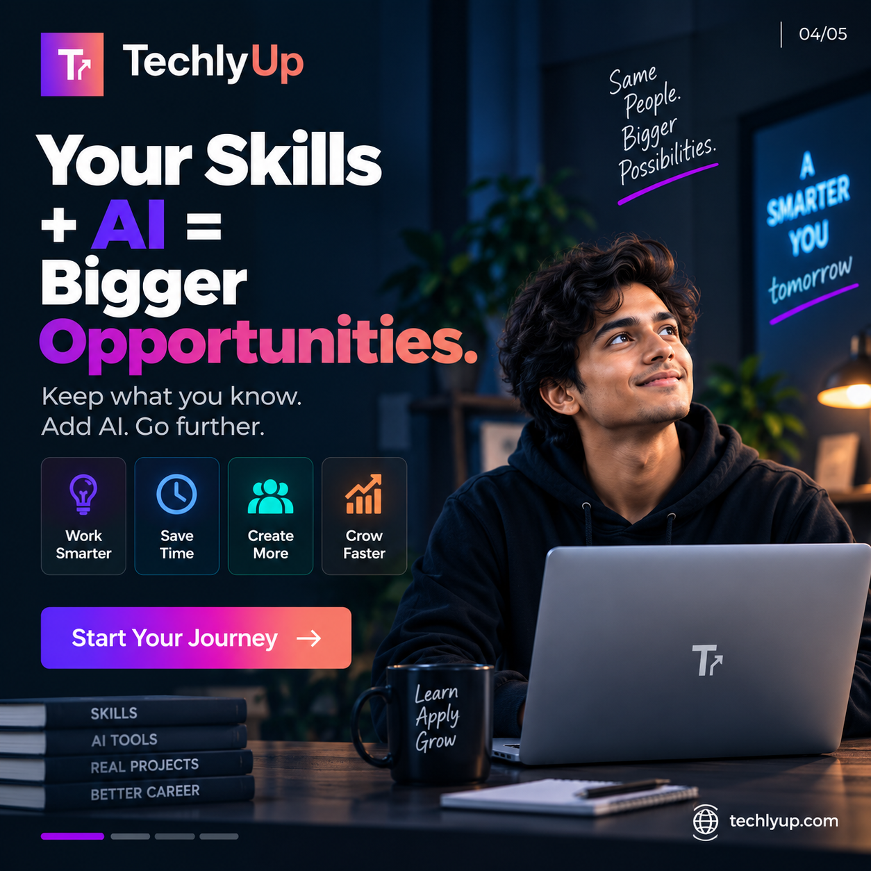 Campaign slide 5: a learner at a laptop under the headline “Your Skills + AI = Bigger Opportunities,” with benefits — work smarter, save time, create more, grow faster.