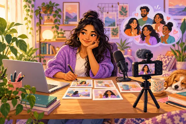 Illustration of a creator planning a video with a camera and storyboard