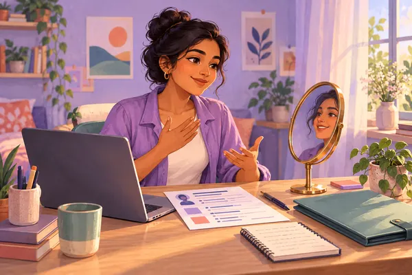 Illustration of a young adult preparing a resume and practising for an interview