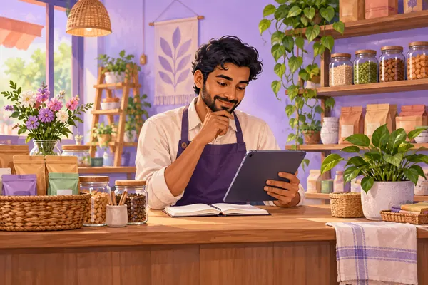 Illustration of a shop owner planning customer follow-ups