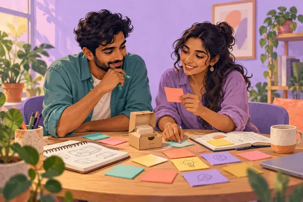 Illustration of two founders reviewing ideas and an early product prototype