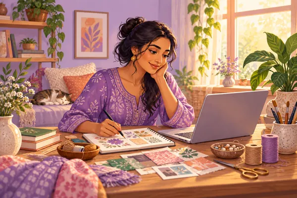 Illustration of a woman exploring a creative digital project from home
