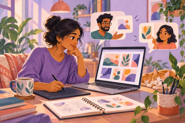 Illustration of a freelancer preparing a portfolio and client project