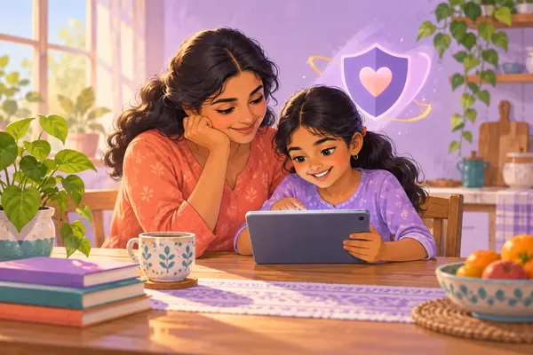 Illustration of a parent and child exploring digital tools safely together