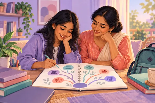 Illustration of a student and parent exploring future learning choices